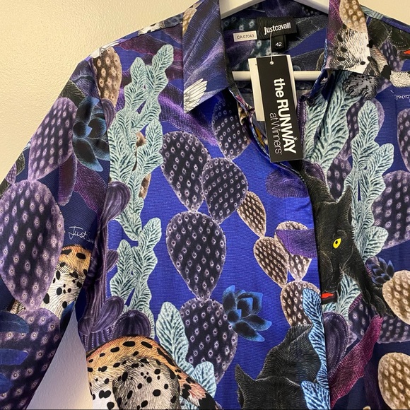 Just Cavalli Satin Print Button-Up Blouse/Top - Picture 3 of 15